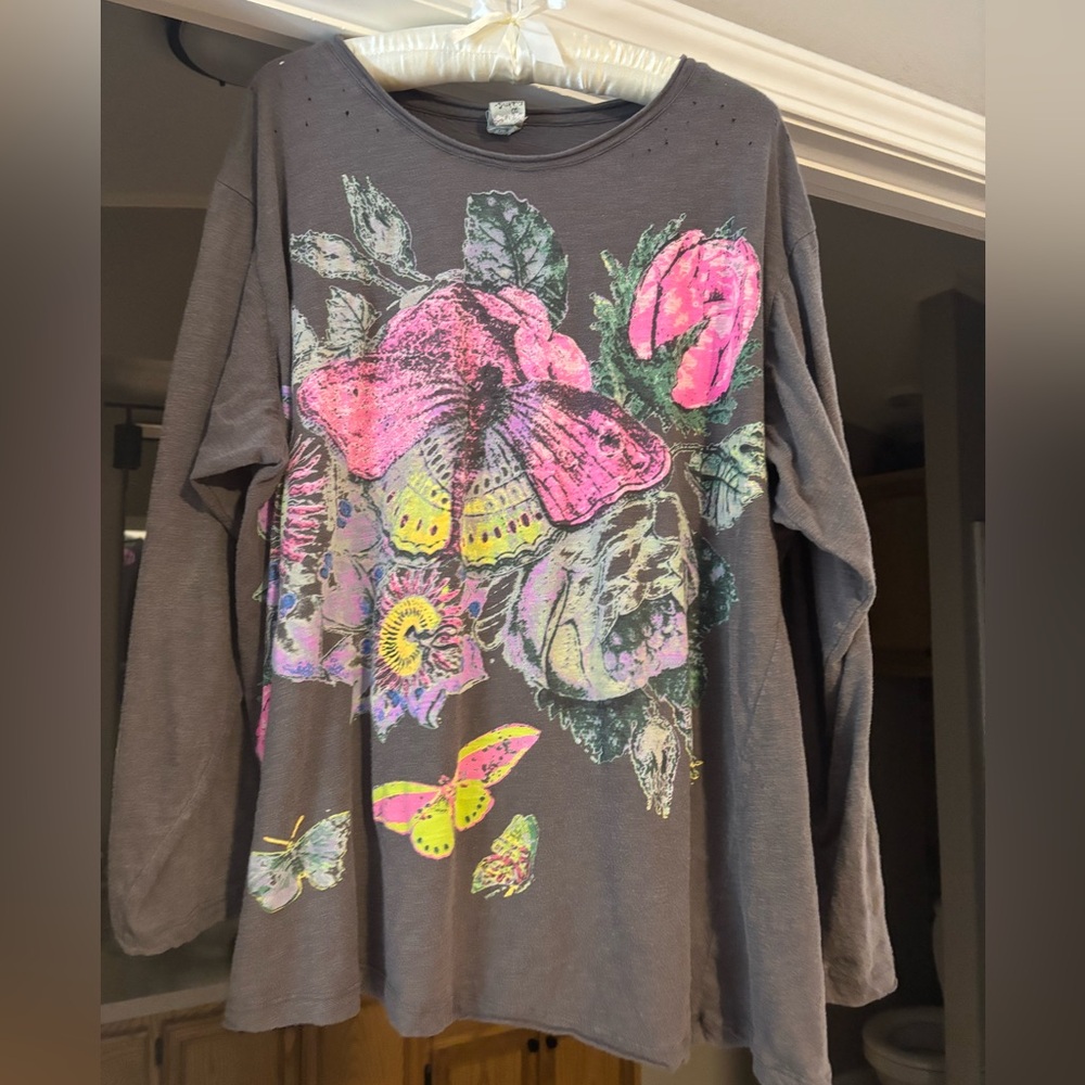 Magnolia Pearl Floral Butterfly Long Sleeve Tee - Brown and Pink